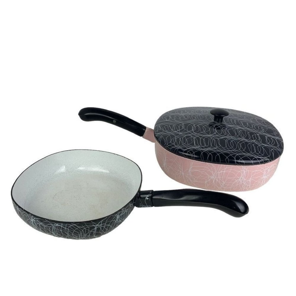 Vintage Serendipity Enamelware Pink Black Spaghetti Fry Pans Lot of 2 Midcentury